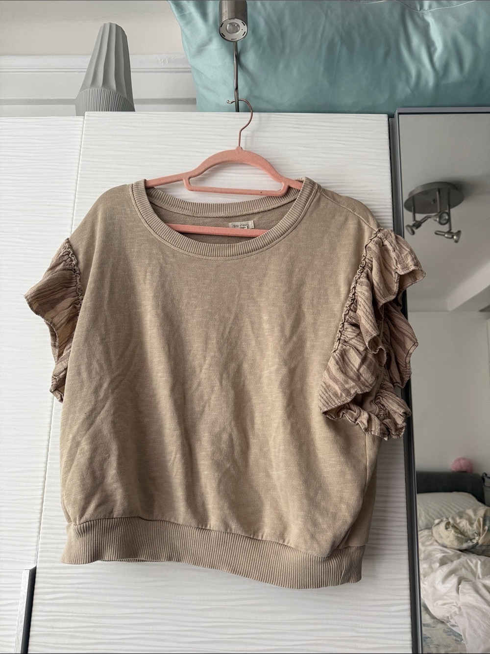 Pilcro Tan Short Sleeve Sweatshirt with Ruffle Sleeves